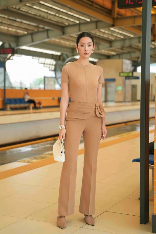 Sixdo Brown 3D Flower Woven Flared Pants